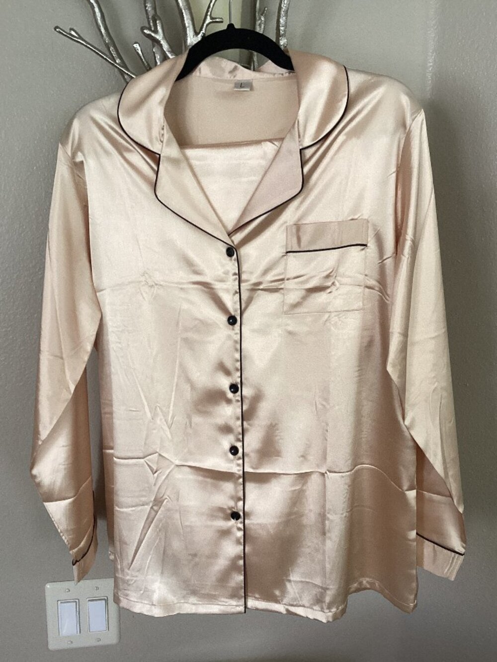 Blush with black trim satiny pajama set, size large